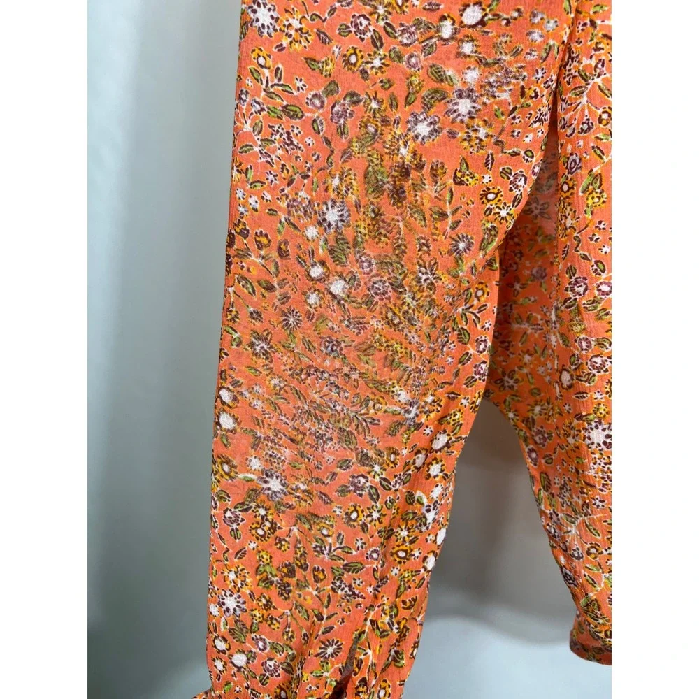 Free People Lela Orange Floral Smocked Yoke Ruffle Neck Tie‎ Blouse S OB1010657